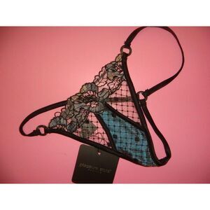 NWT PLEASURE STATE couture S thong Black Teal blue floral embroidered fishnet